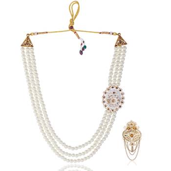   groom sherwani necklace layered moti mala for wedding | groom mala with brooch set 2