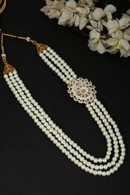   groom sherwani necklace layered moti mala for wedding | groom mala with brooch set 1