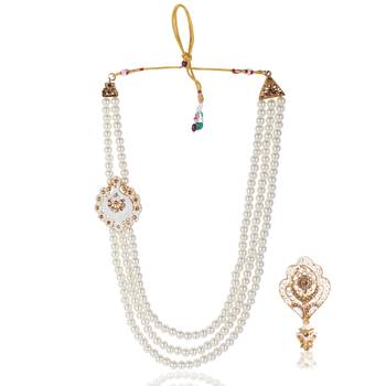   groom sherwani necklace layered moti mala for wedding | groom mala with brooch set 2