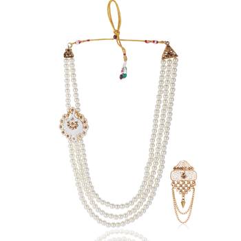   groom sherwani necklace layered moti mala for wedding | groom mala with brooch set 2
