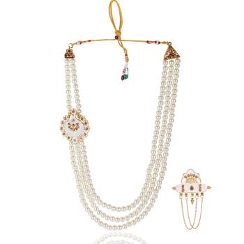   groom sherwani necklace layered moti mala for wedding | groom mala with brooch set 2