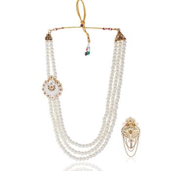   groom sherwani necklace layered moti mala for wedding | groom mala with brooch set 2