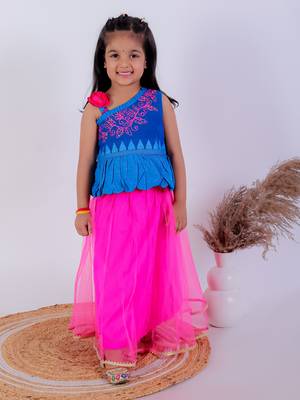 Twisha girls asymmetric neck embroidered top & net ghagra - blue & pink 1