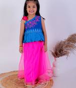 Twisha girls asymmetric neck embroidered top & net ghagra - blue & pink