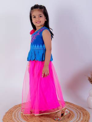 Twisha girls asymmetric neck embroidered top & net ghagra - blue & pink 2