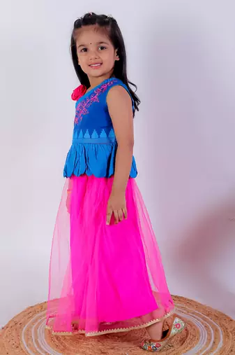 Twisha girls asymmetric neck embroidered top & net ghagra - blue & pink