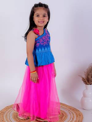 Twisha girls asymmetric neck embroidered top & net ghagra - blue & pink 3