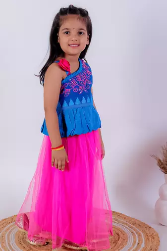 Twisha girls asymmetric neck embroidered top & net ghagra - blue & pink