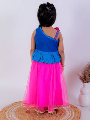 Twisha girls asymmetric neck embroidered top & net ghagra - blue & pink 4