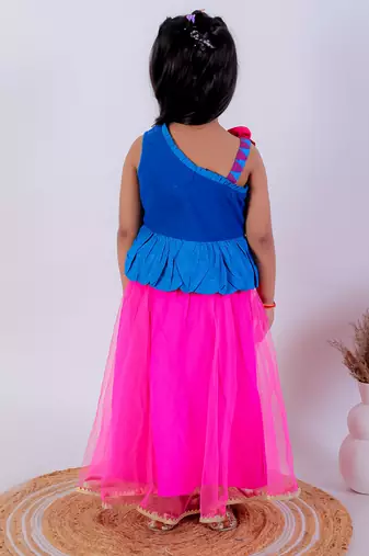 Twisha girls asymmetric neck embroidered top & net ghagra - blue & pink