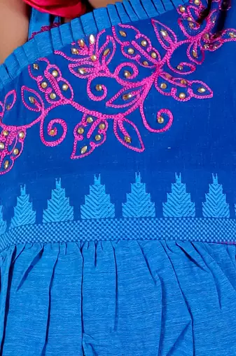 Twisha girls asymmetric neck embroidered top & net ghagra - blue & pink