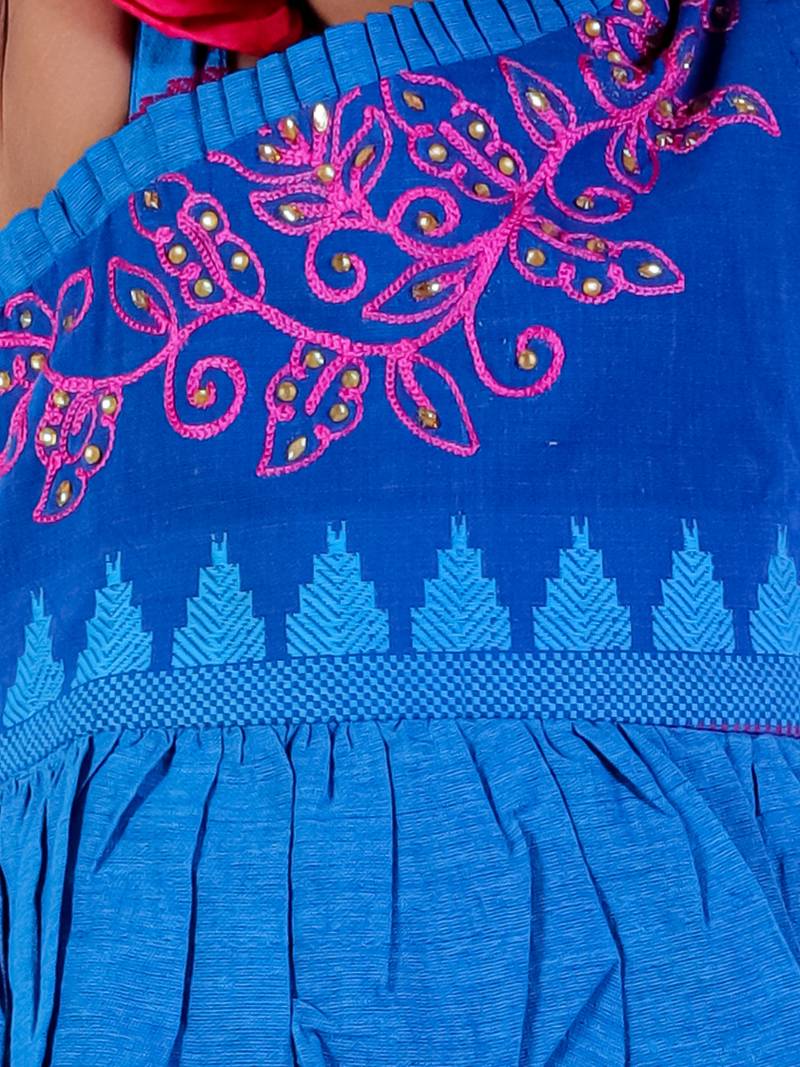 Twisha girls asymmetric neck embroidered top & net ghagra - blue & pink