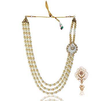   groom sherwani necklace layered moti mala for wedding | groom mala with brooch set 1