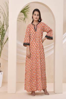 Tangerine floral block print kaftan style nighty dress 1