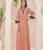 Tangerine floral block print kaftan style nighty dress