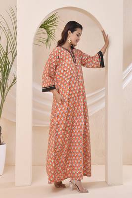 Tangerine floral block print kaftan style nighty dress 2