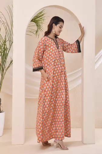 Tangerine floral block print kaftan style nighty dress