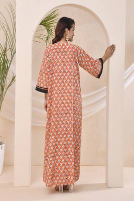 Tangerine floral block print kaftan style nighty dress 3