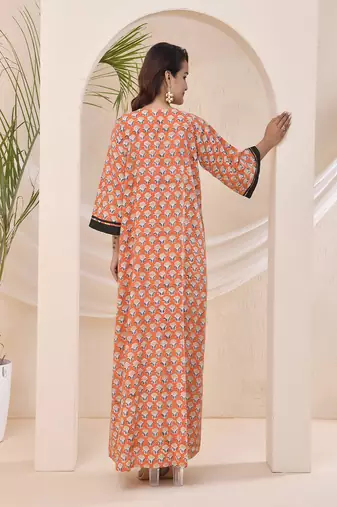 Tangerine floral block print kaftan style nighty dress