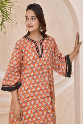 Tangerine floral block print kaftan style nighty dress 4