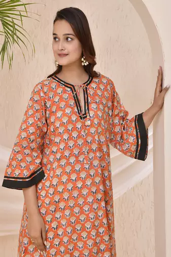 Tangerine floral block print kaftan style nighty dress