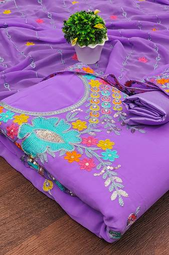 Leeza store women purple georgette sequin & floral pattern multicolor thread work