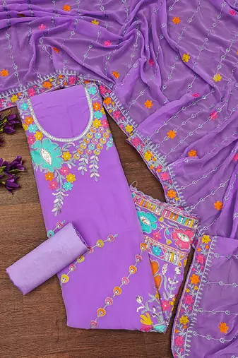 women purple georgette sequin & floral pattern multicolor thread work