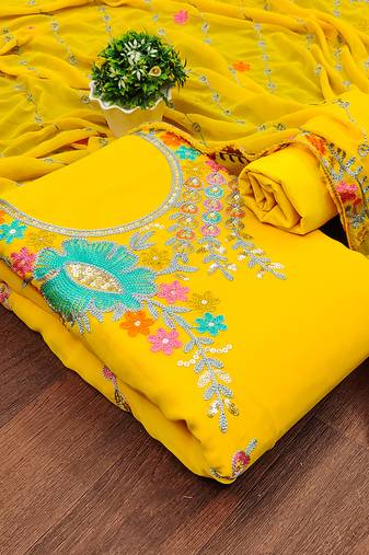 Leeza store women yellow georgette sequin & floral pattern multicolor thread work