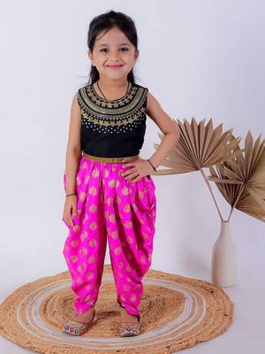 Twisha girls embroidered top & dhoti pants - black & pink 1