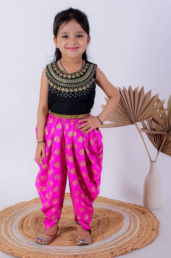 Twisha girls embroidered top & dhoti pants - black & pink
