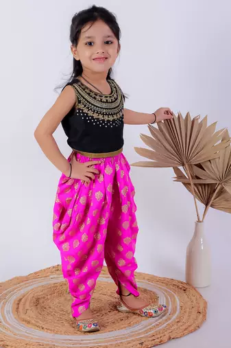 Twisha girls embroidered top & dhoti pants - black & pink