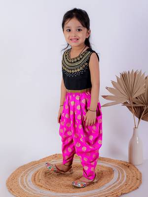Twisha girls embroidered top & dhoti pants - black & pink 3
