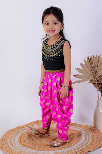 Twisha girls embroidered top & dhoti pants - black & pink