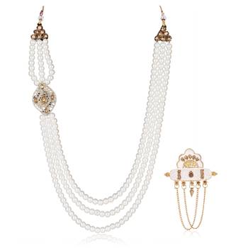   groom sherwani necklace layered moti mala for wedding | groom mala with brooch set 2