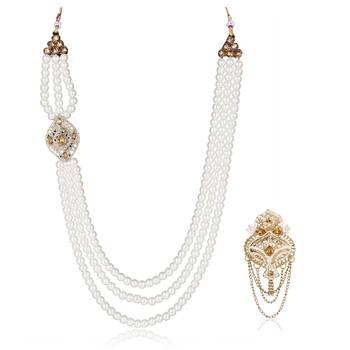   groom sherwani necklace layered moti mala for wedding | groom mala with brooch set 2