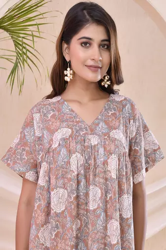 Brown floral print kafty lounge dress
