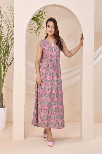 Pink green floral print kafty lounge dress