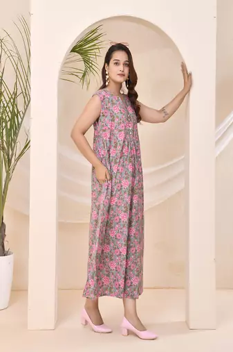 Pink green floral print kafty lounge dress