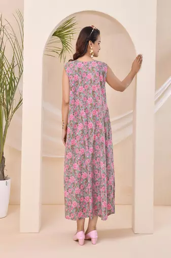 Pink green floral print kafty lounge dress