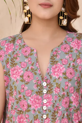 Pink green floral print kafty lounge dress