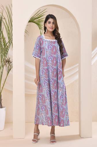 Purple blue floral print kafty lounge dress