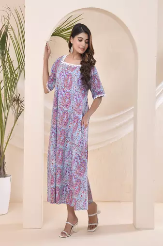 Purple blue floral print kafty lounge dress