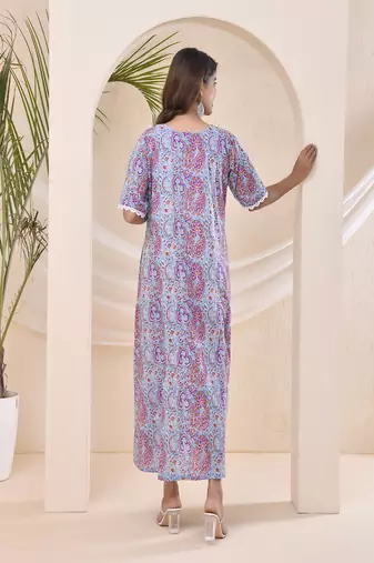 Purple blue floral print kafty lounge dress