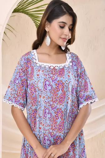Purple blue floral print kafty lounge dress