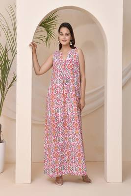 Multicoloured floral block print sleeveless lounge dress 1
