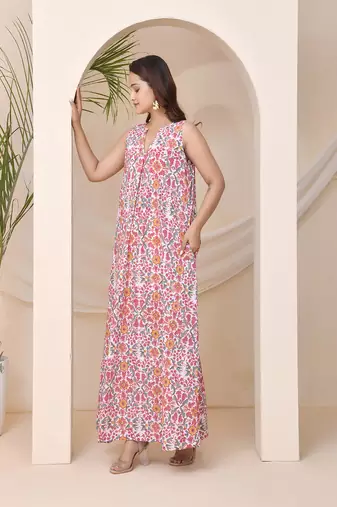 Multicoloured floral block print sleeveless lounge dress
