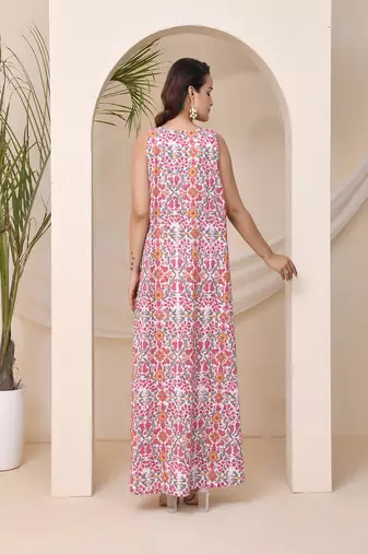 Multicoloured floral block print sleeveless lounge dress