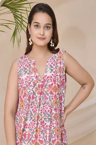 Multicoloured floral block print sleeveless lounge dress