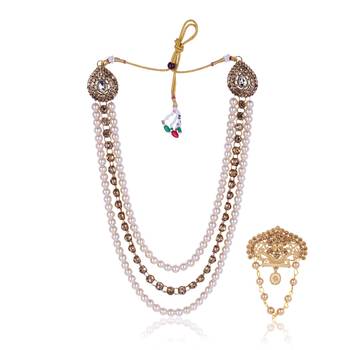   groom sherwani necklace layered moti mala for wedding | groom mala with brooch set 2