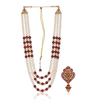   groom sherwani necklace layered moti mala for wedding | groom mala with brooch set 2